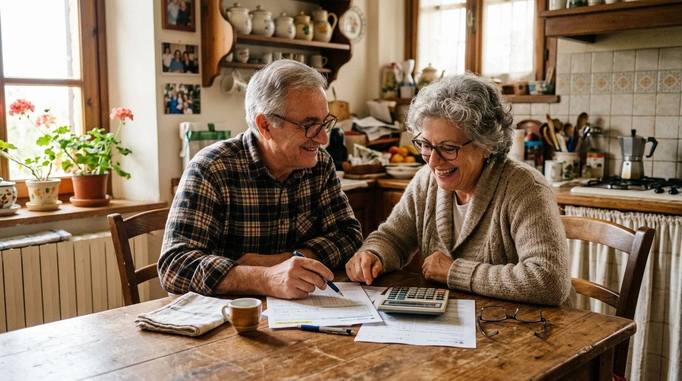 Coppia di pensionati italiani mentre esamina i documenti a casa